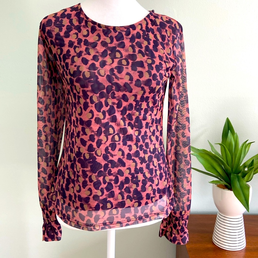 Anthropologie Poetic Woods Animal Print Mesh Long Sleeve Top NWOT Size S…